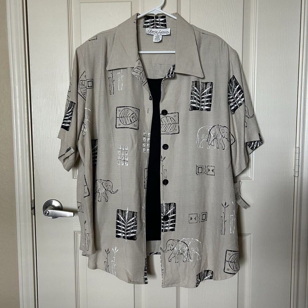 Gloria Lance Studio 3X NWT Two Fer Blouse Safari Elephant Print Tan USA Plus